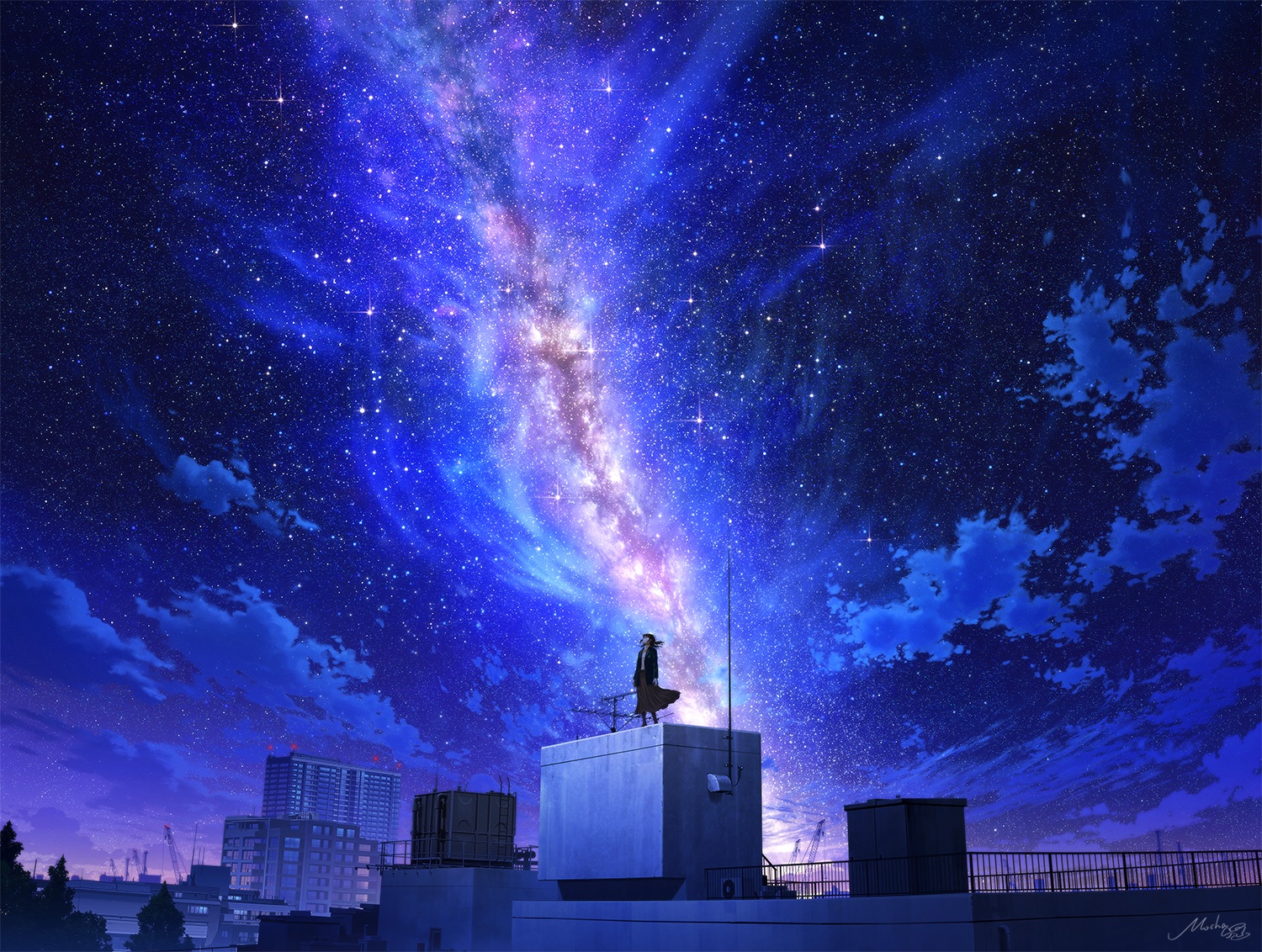 深蓝星空与银河下，一个人站在城市屋顶眺望